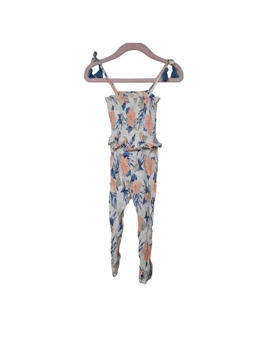 Jessica Simpson White Pink Blue Floral Smocked Tassel Jumpsuit 2T